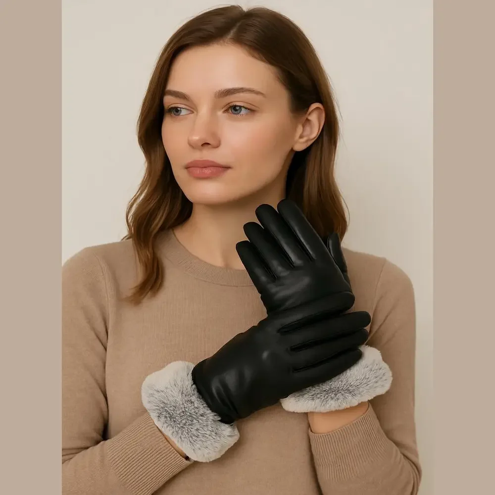 Isotoner Black Genuine Leather Gloves Fur Trim Womens